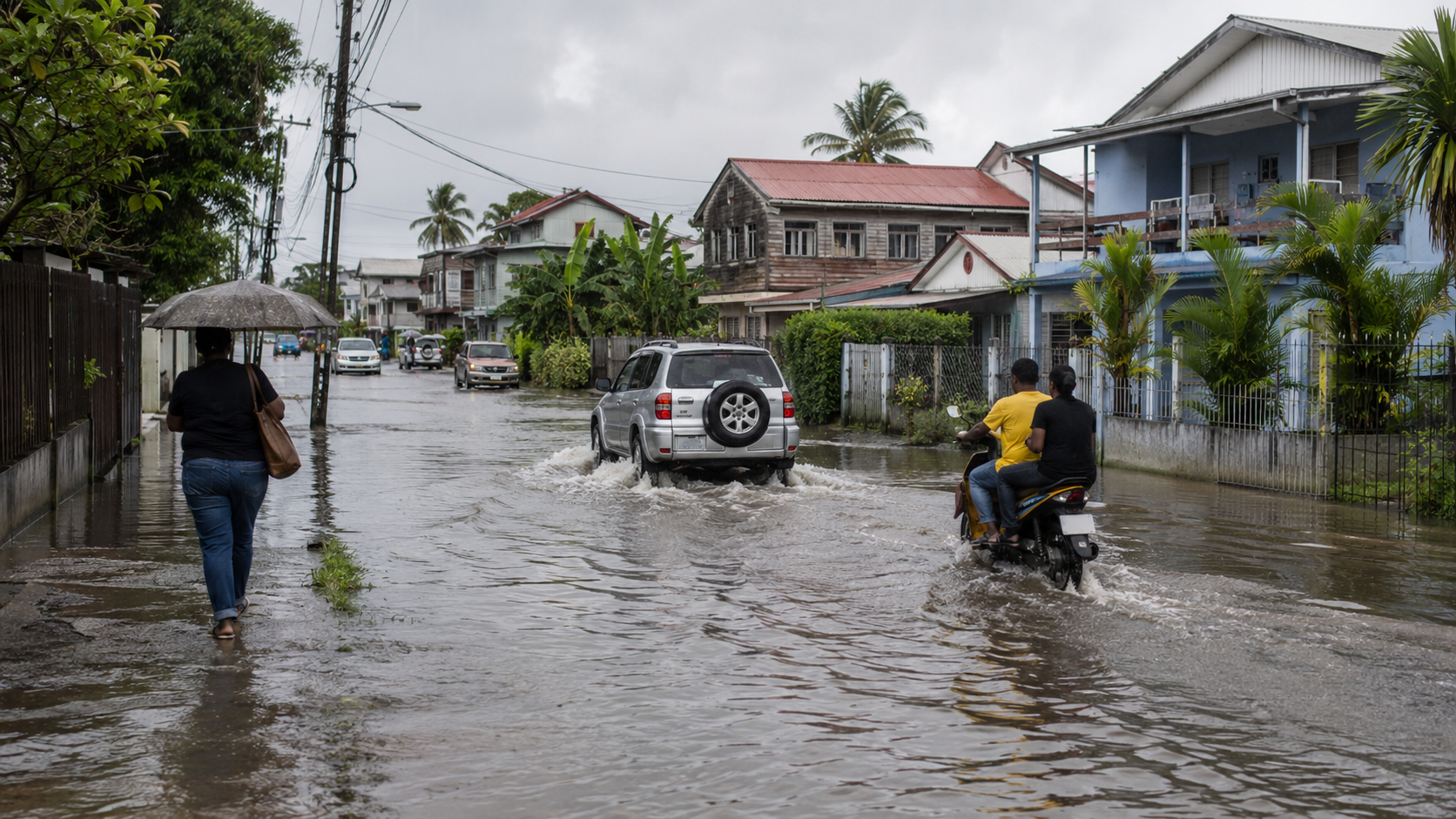 Visual over wateroverlast en weer in Suriname